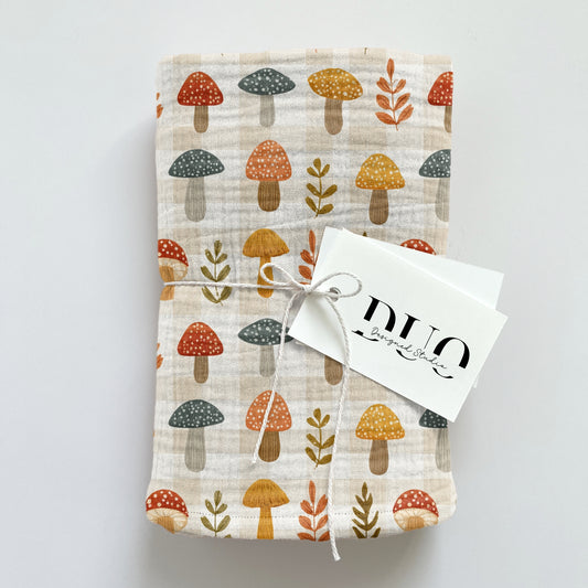 Autumn Mushroom Gingham Digital Seamless Pattern