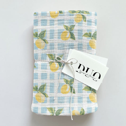 Blue Gingham Lemons Digital Seamless Pattern