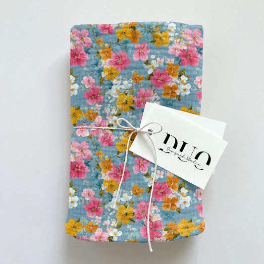 Blue Pink Mustard Floral Digital Seamless Pattern