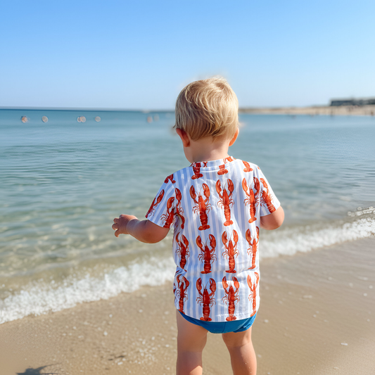 Lobsters Blue Stripes Digital Seamless Pattern