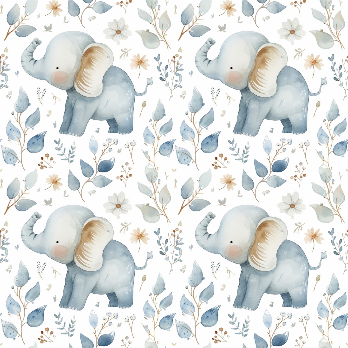 Blue Floral Elephant Digital Seamless Pattern