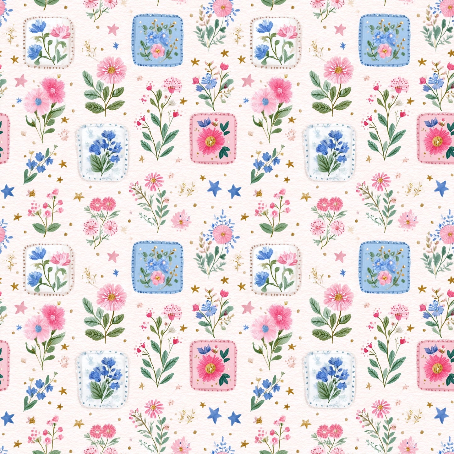 4th July Pink Floral Patchwork Digital Seamless Pattern