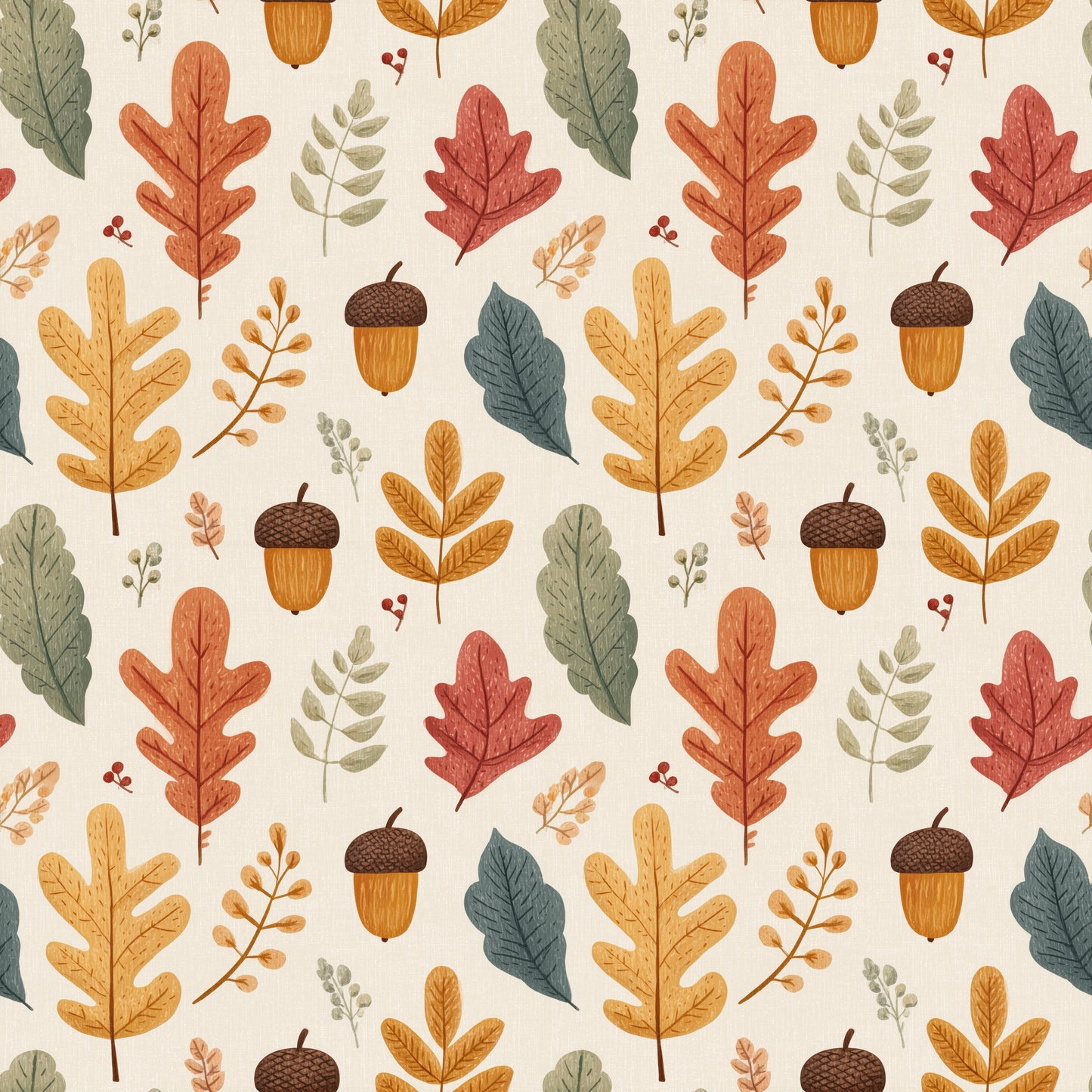 Acorns Leaves & Acorns on Cream Digital Seamless Pattern