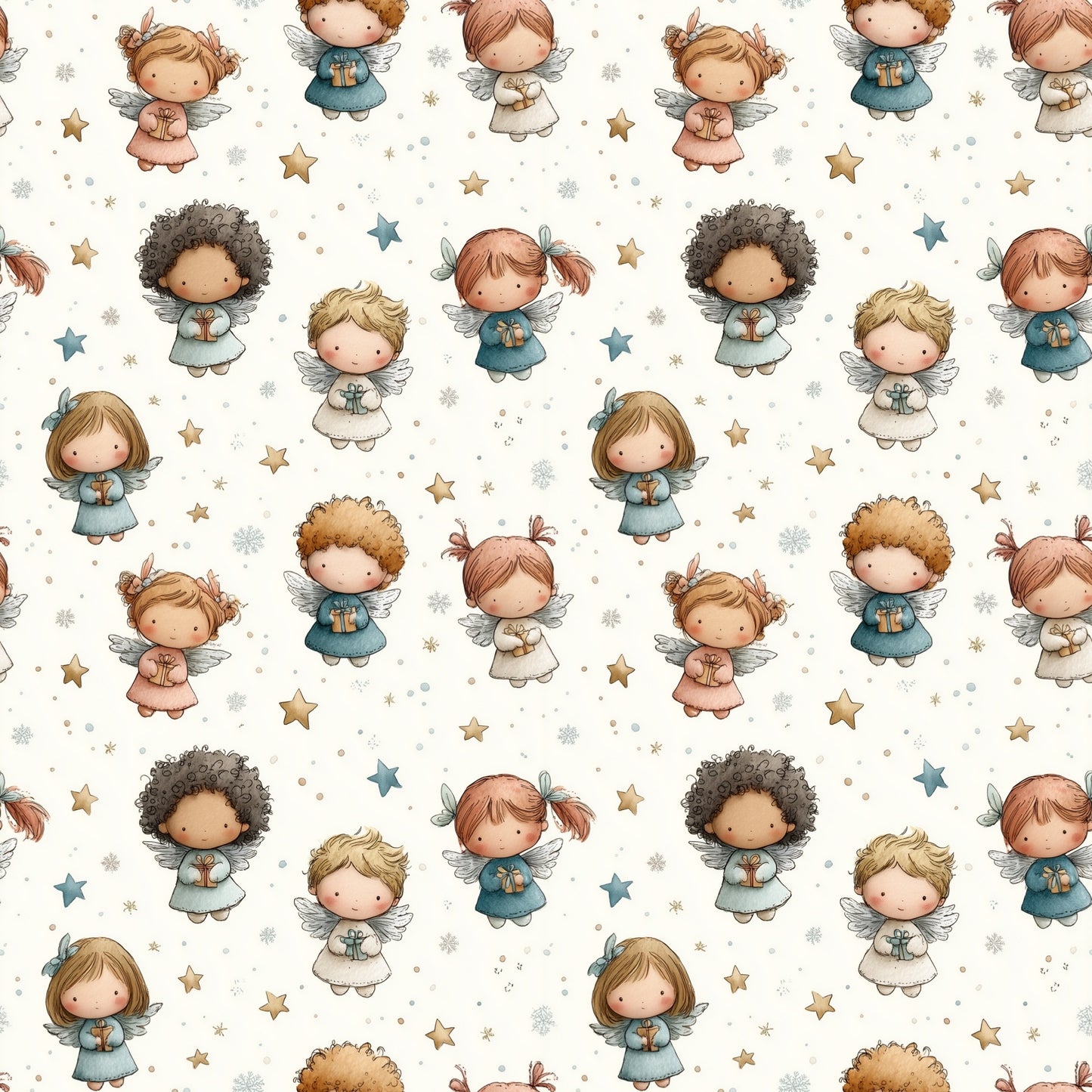 Adorable Christmas Angels Digital Seamless Pattern