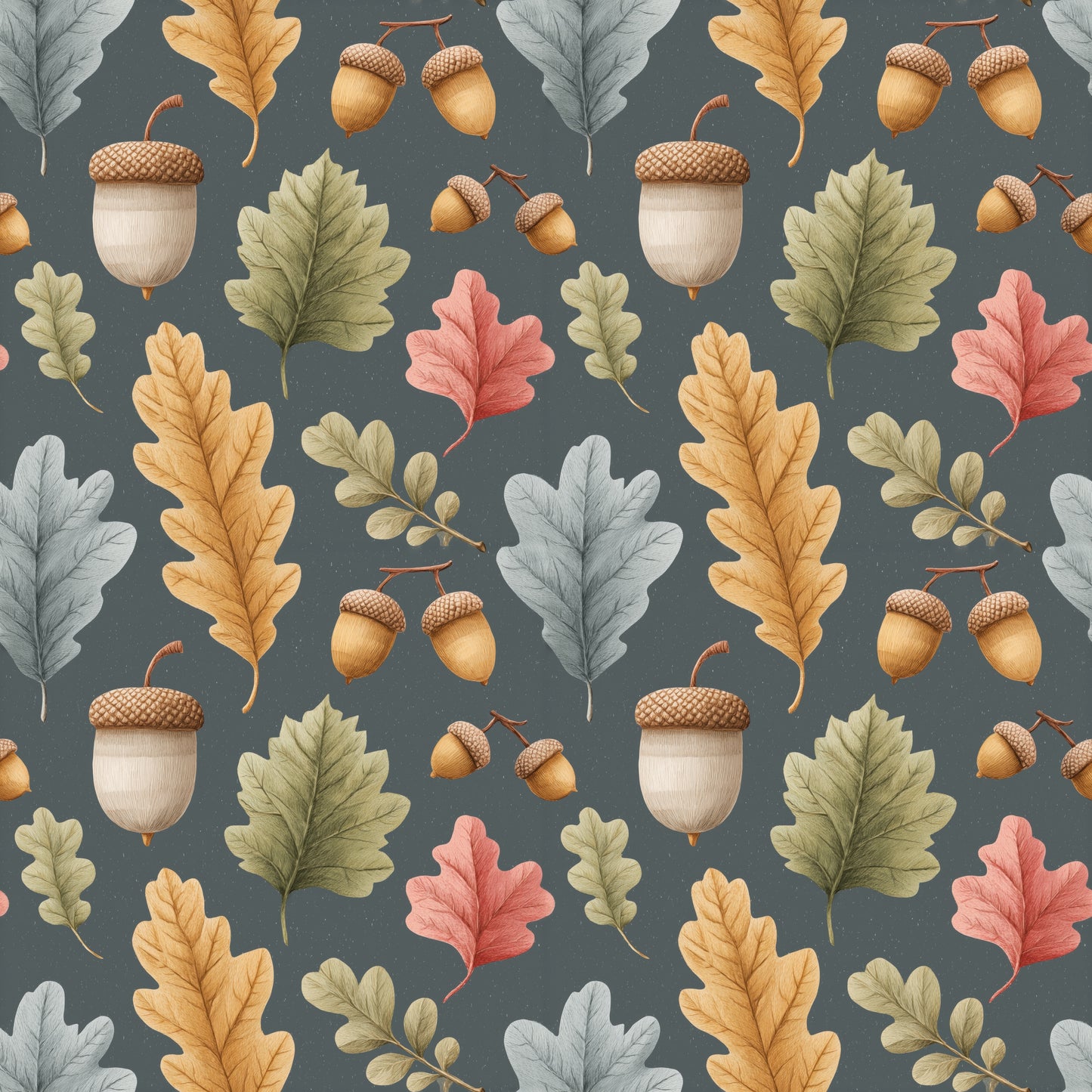 Autumn Leaves & Acorns on Navy Digital Seamless Pattern