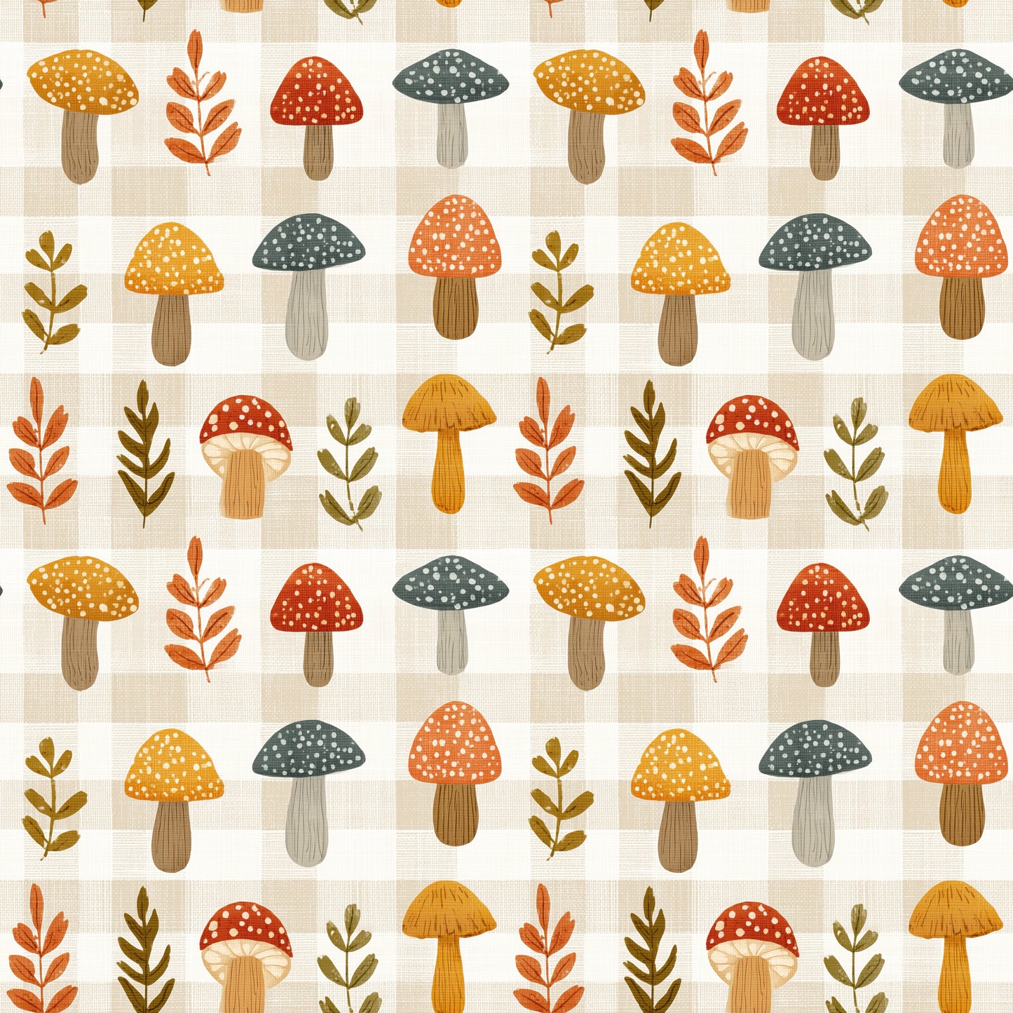 Autumn Mushroom Gingham Digital Seamless Pattern