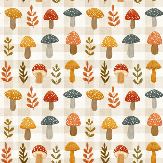 Autumn Mushroom Gingham Digital Seamless Pattern