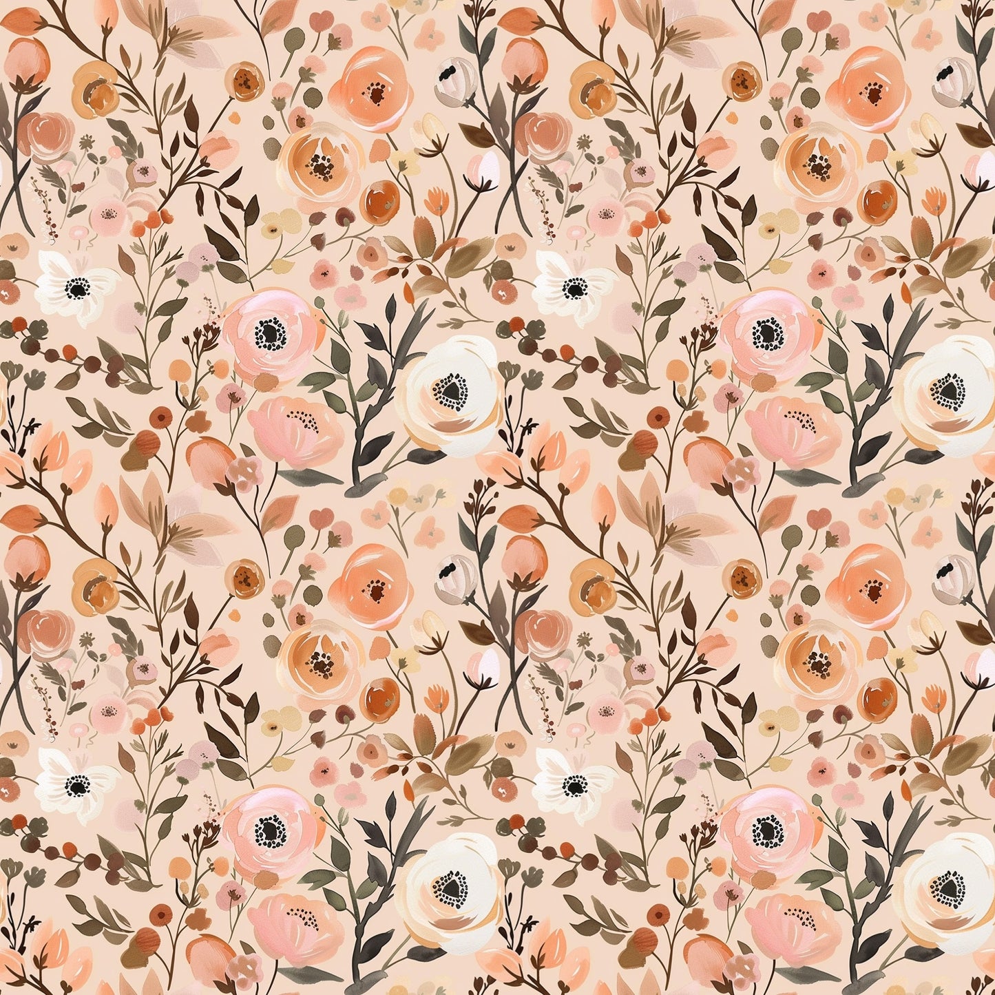 Autumn Peach Blooms Digital Seamless Pattern