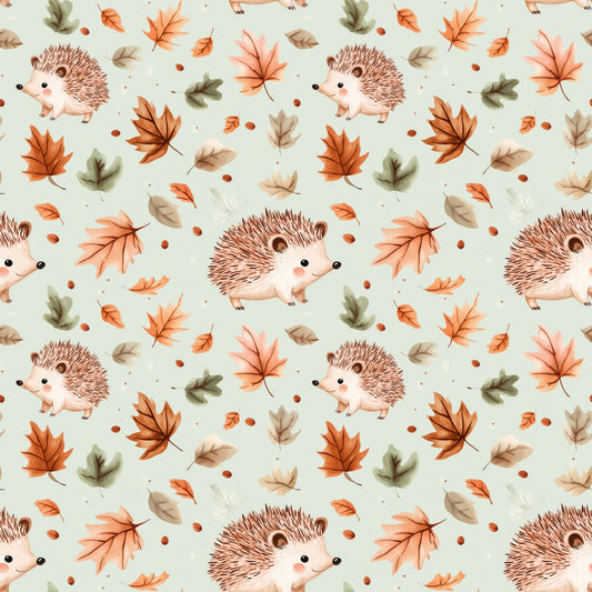 Autumn Sage Hedgehogs Digital Seamless Pattern