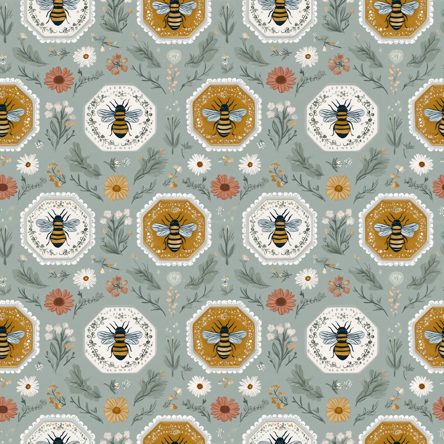 Bee Badges Digital Seamless Pattern