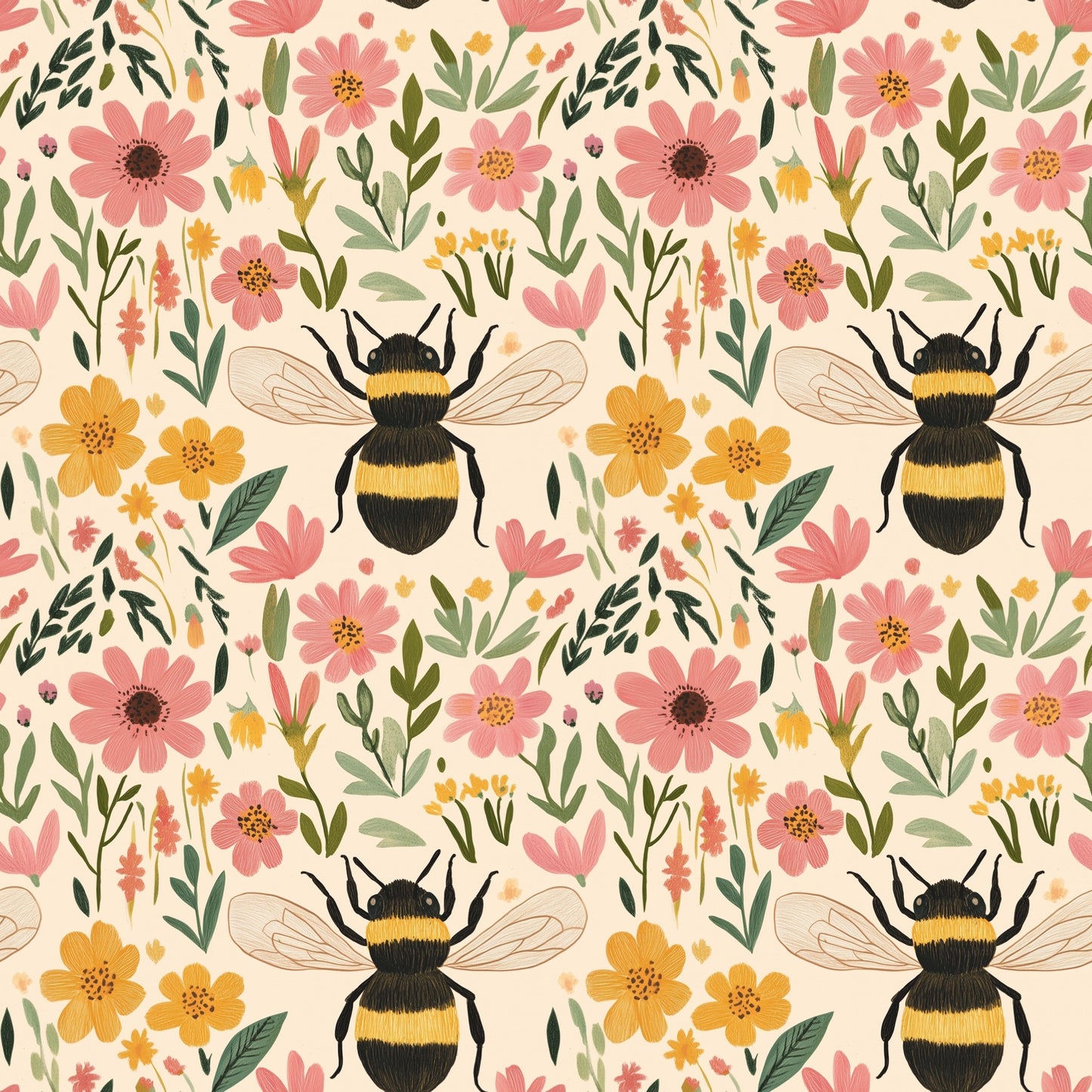 Bee Floral Digital Seamless Pattern