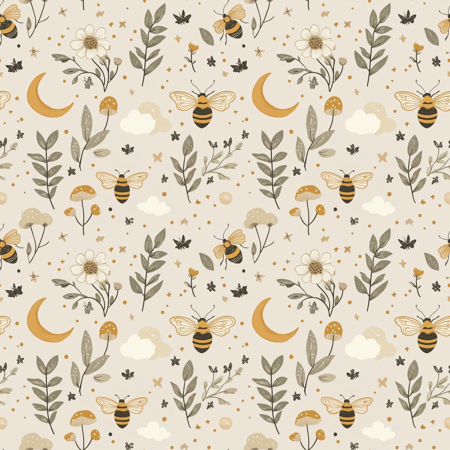 Bees & Moons Digital Seamless Pattern