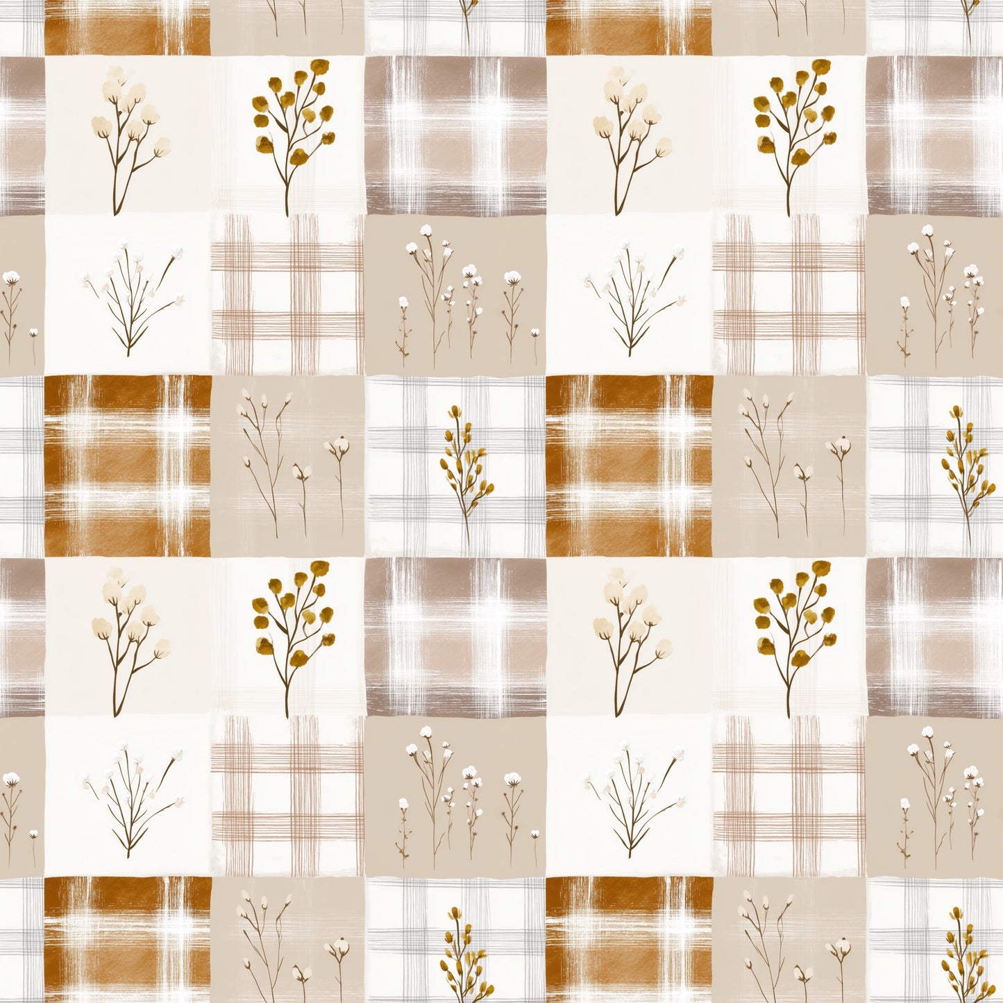 Beige Floral Gingham Digital Seamless Pattern