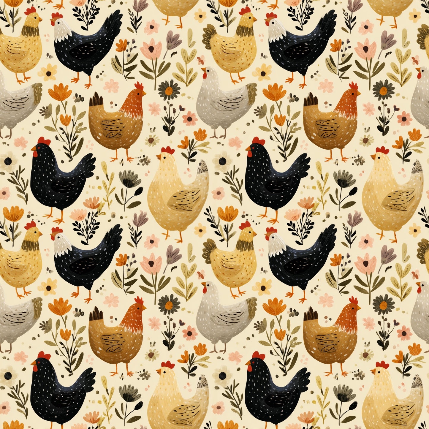Beige Folk Chickens Digital Seamless Pattern