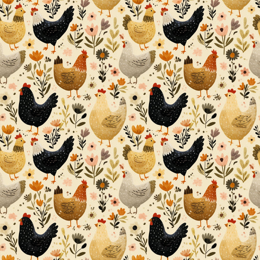 Beige Folk Chickens Digital Seamless Pattern