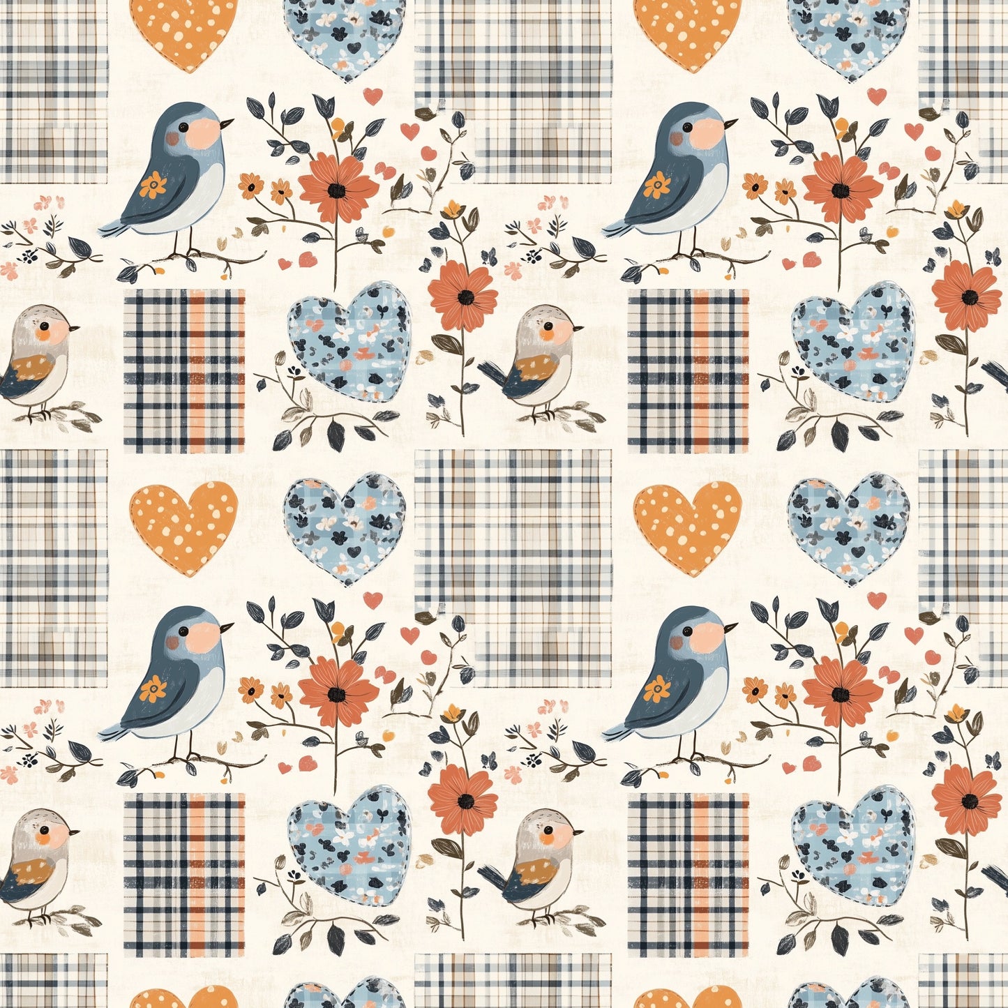 Birds Shabby Patchwork Digital Seamless Pattern