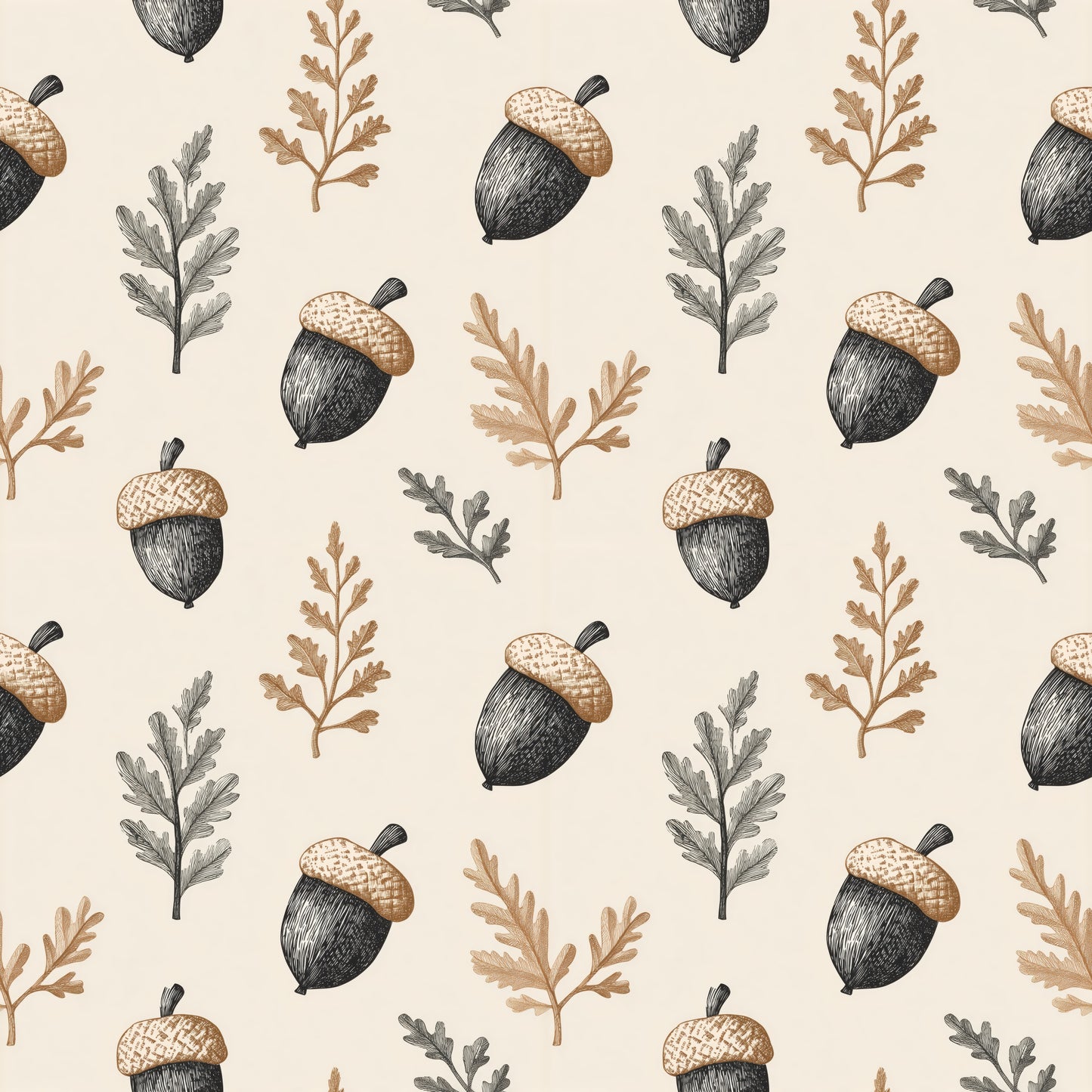 Blackened Acorns & Leaves Digital Seamless Pattern