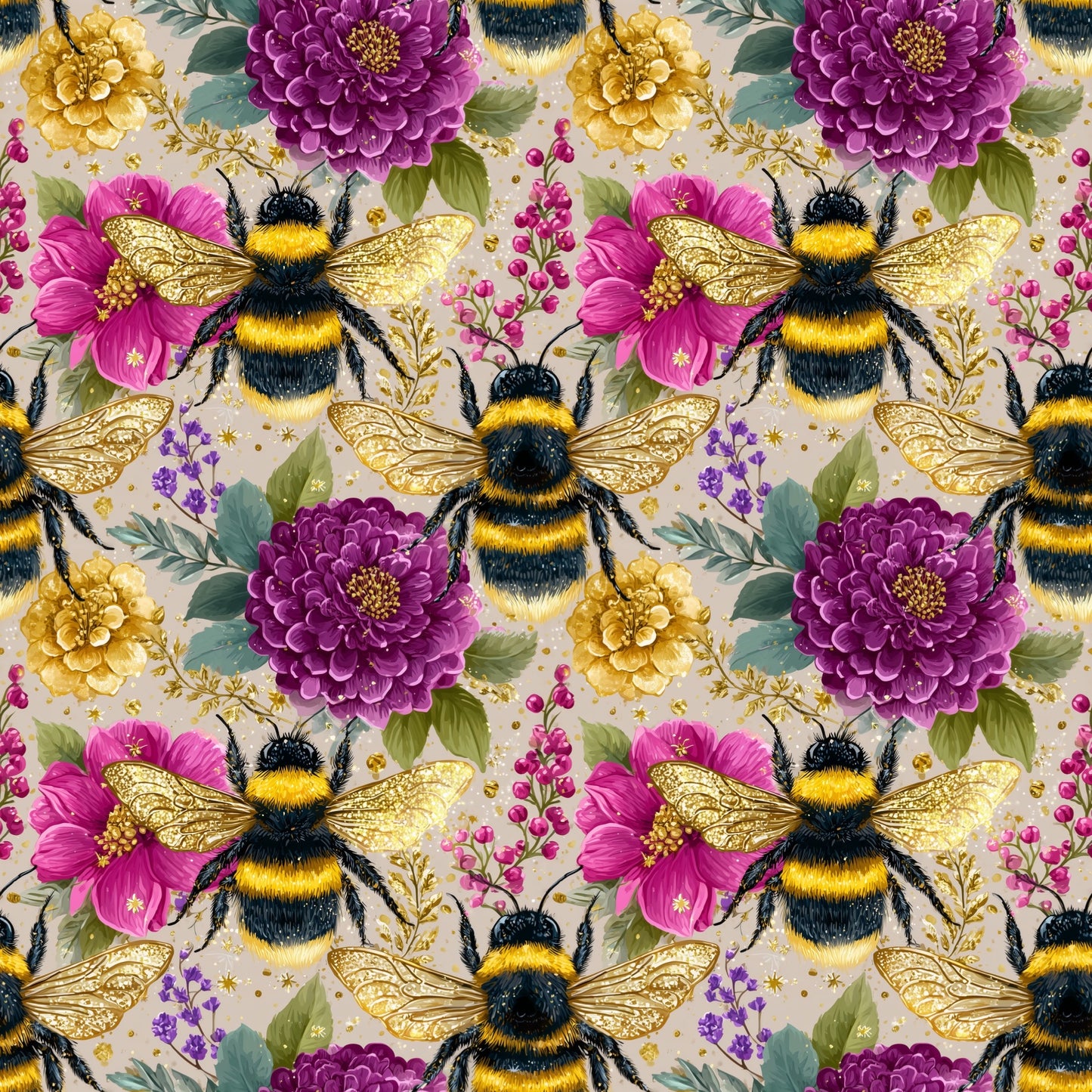 Blooming Bees Digital Seamless Pattern