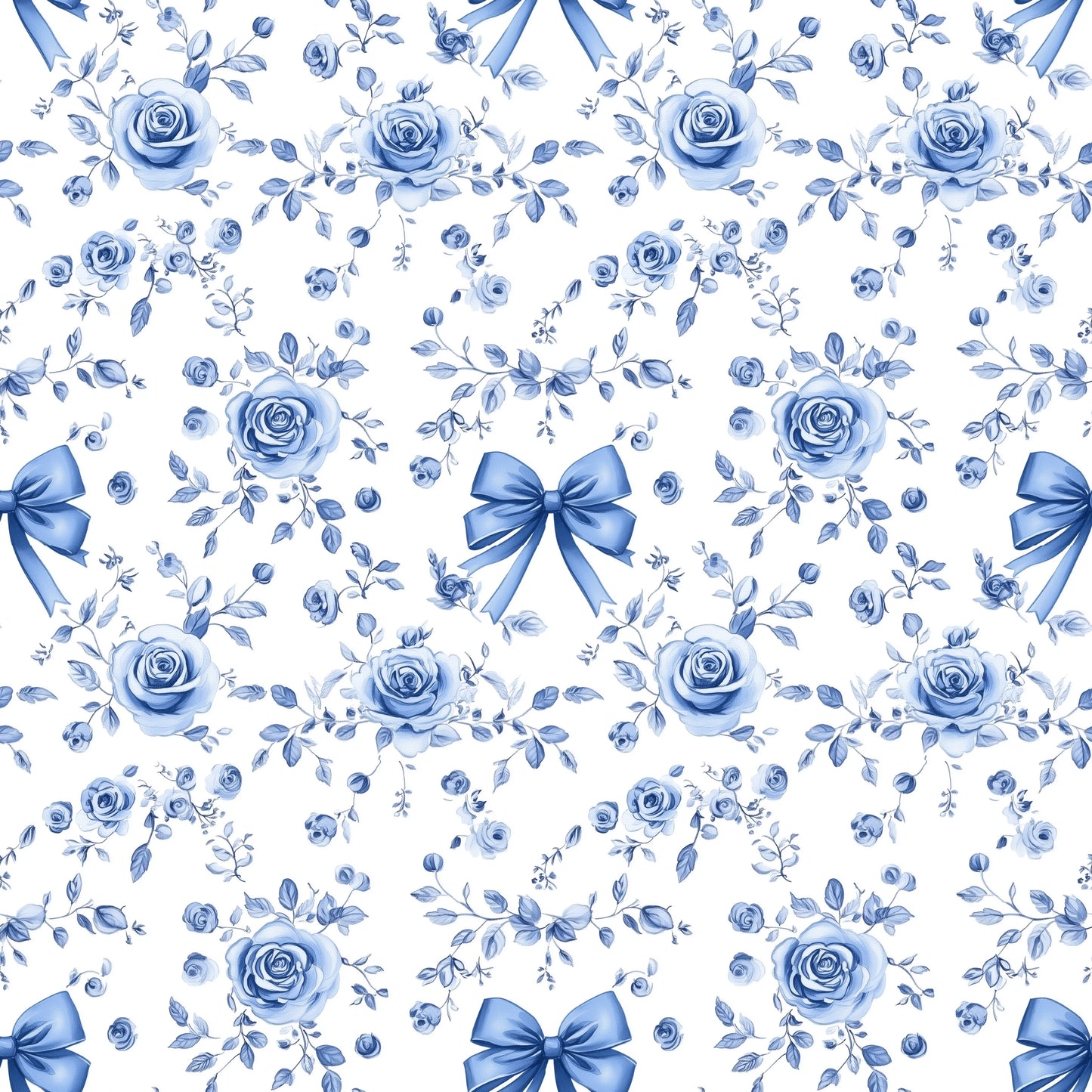 Blue Bow Roses Digital Seamless Pattern