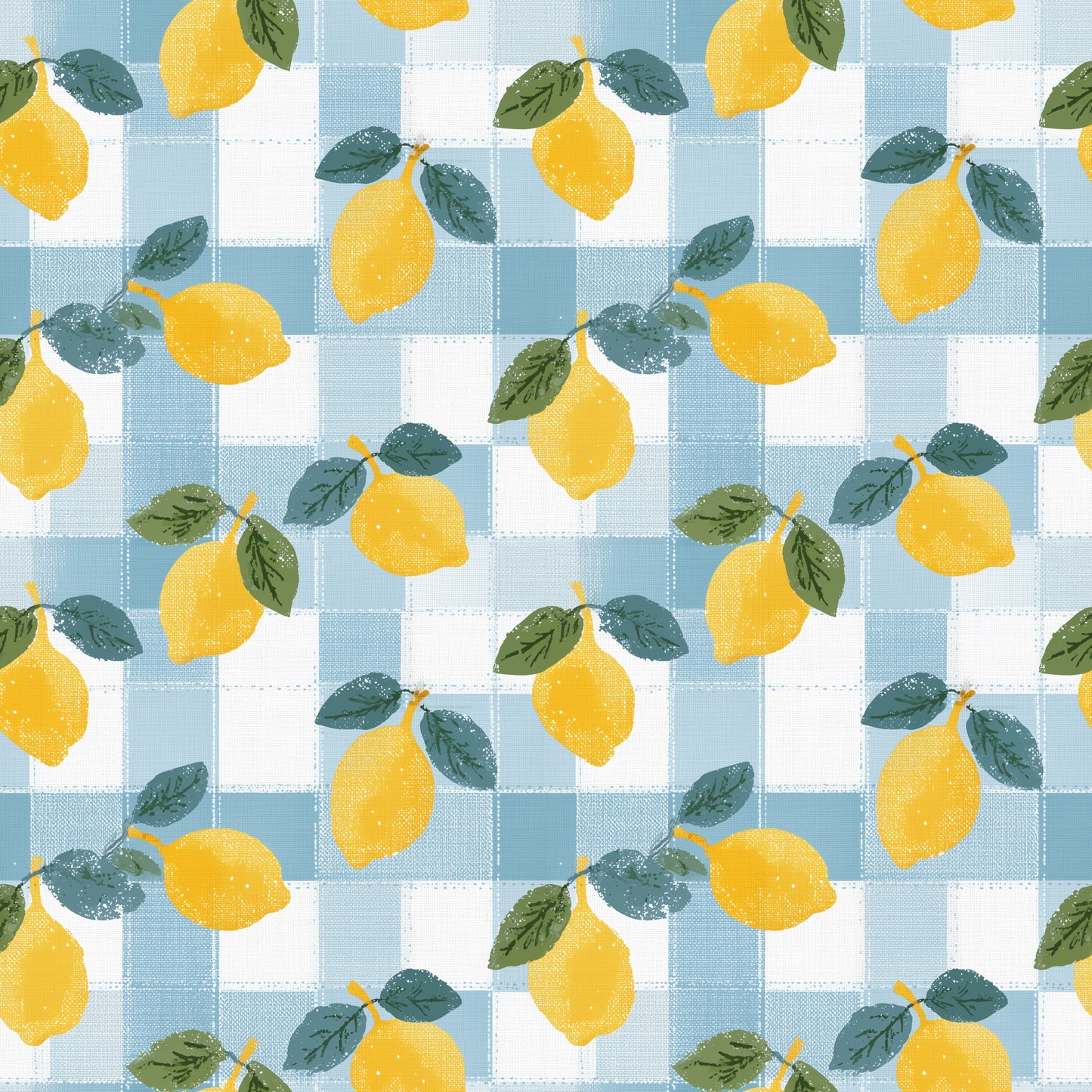 Blue Checked Lemons Digital Seamless Pattern