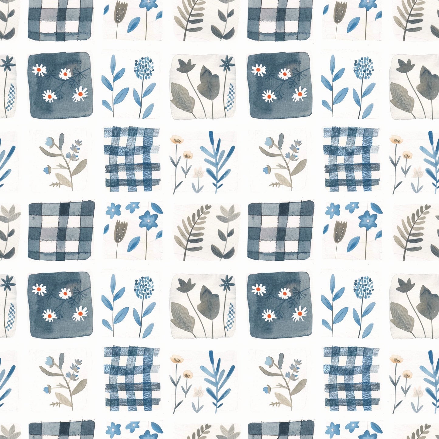 Blue Daisy Floral Patchwork Digital Seamless Pattern