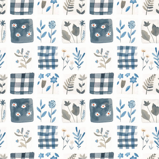 Blue Daisy Floral Patchwork Digital Seamless Pattern
