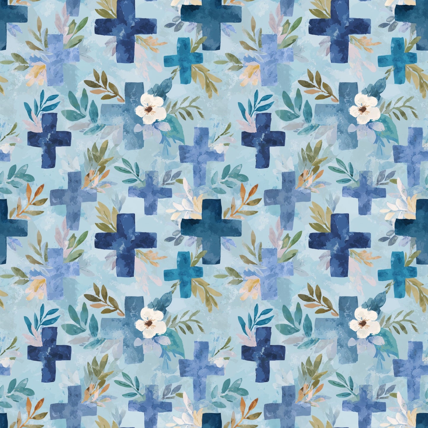 Blue Floral Crosses Digital Seamless Pattern