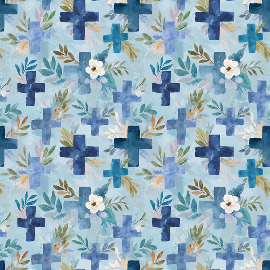 Blue Floral Crosses Digital Seamless Pattern