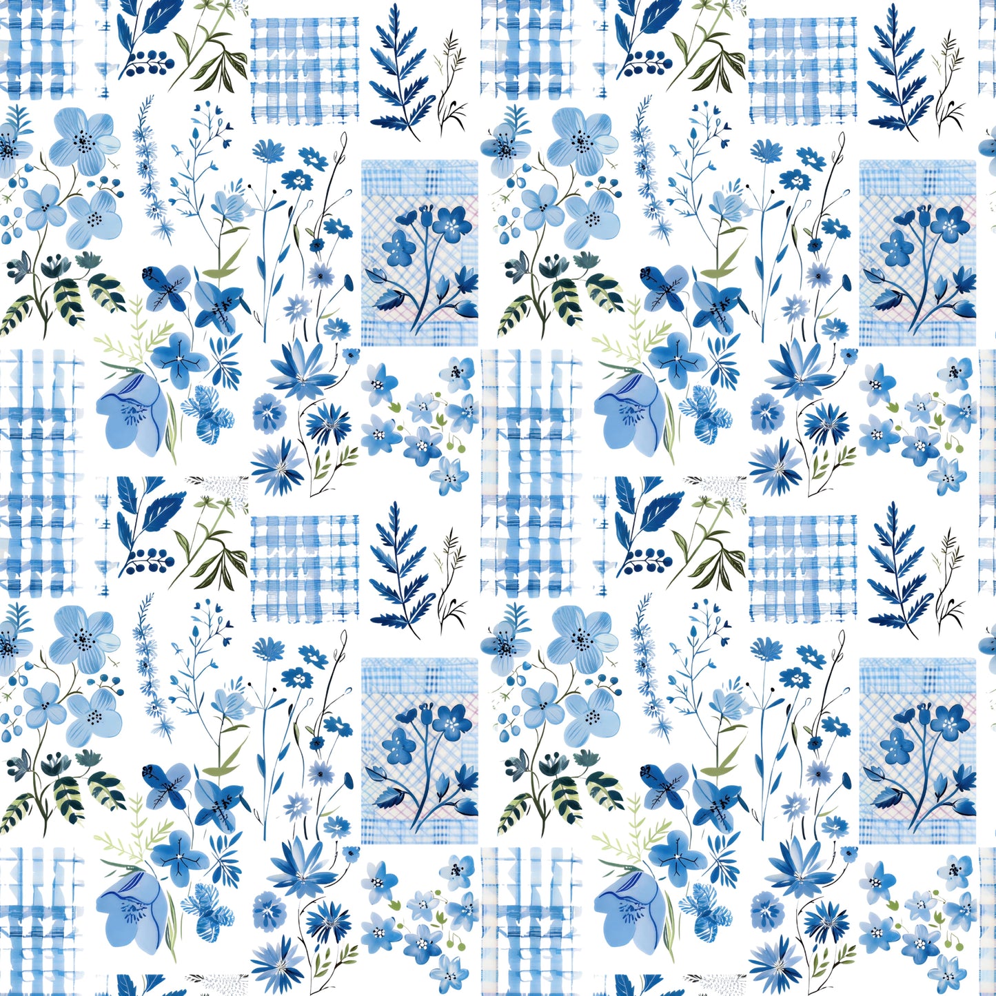 Blue Floral Patchwork Digital Seamless Pattern
