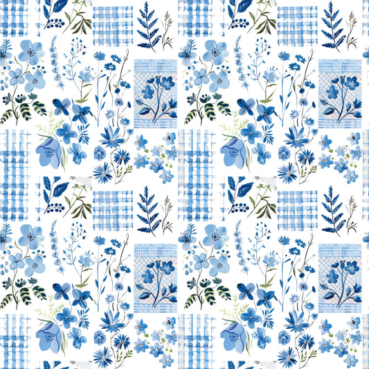 Blue Floral Patchwork Digital Seamless Pattern