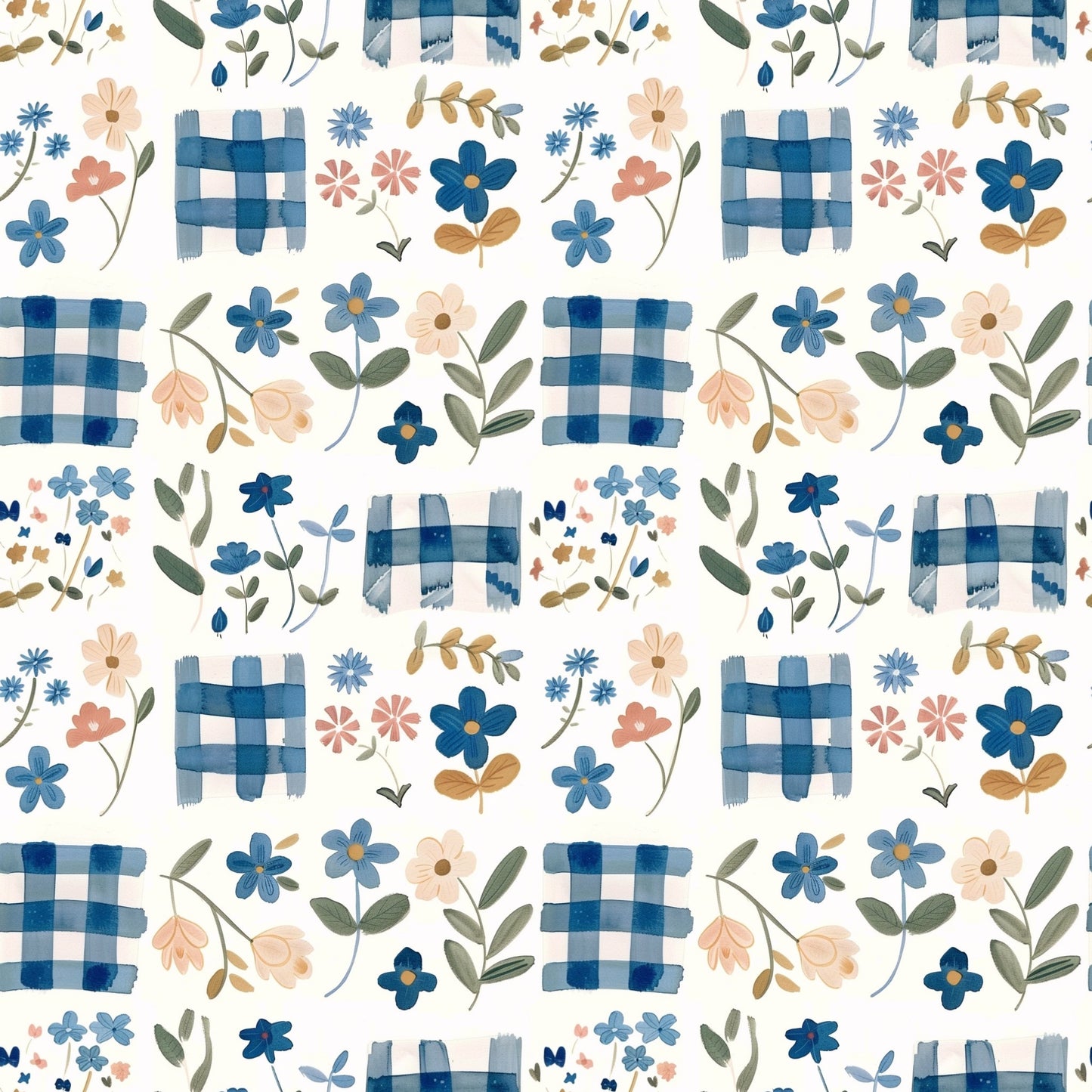 Blue Floral Patchwork Digital Seamless Pattern
