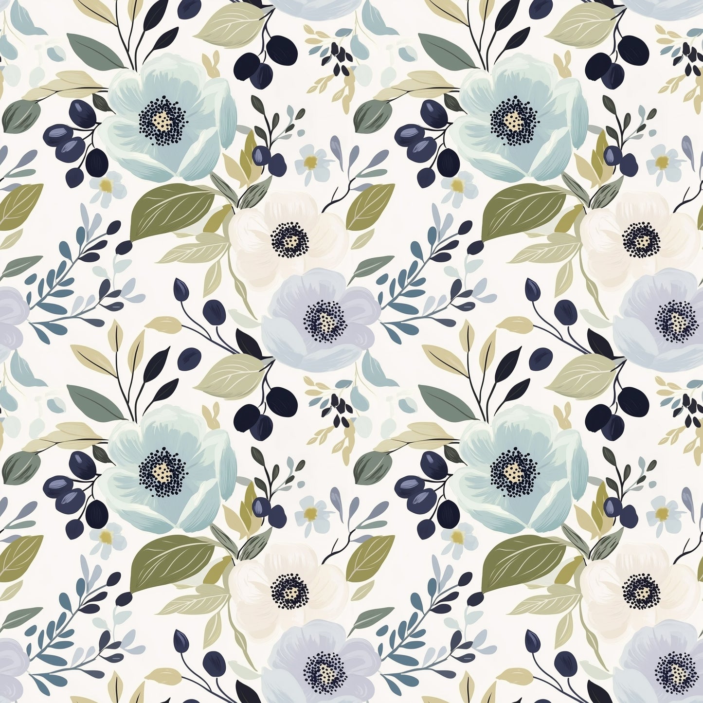 Blue Floral Berries Digital Seamless Pattern