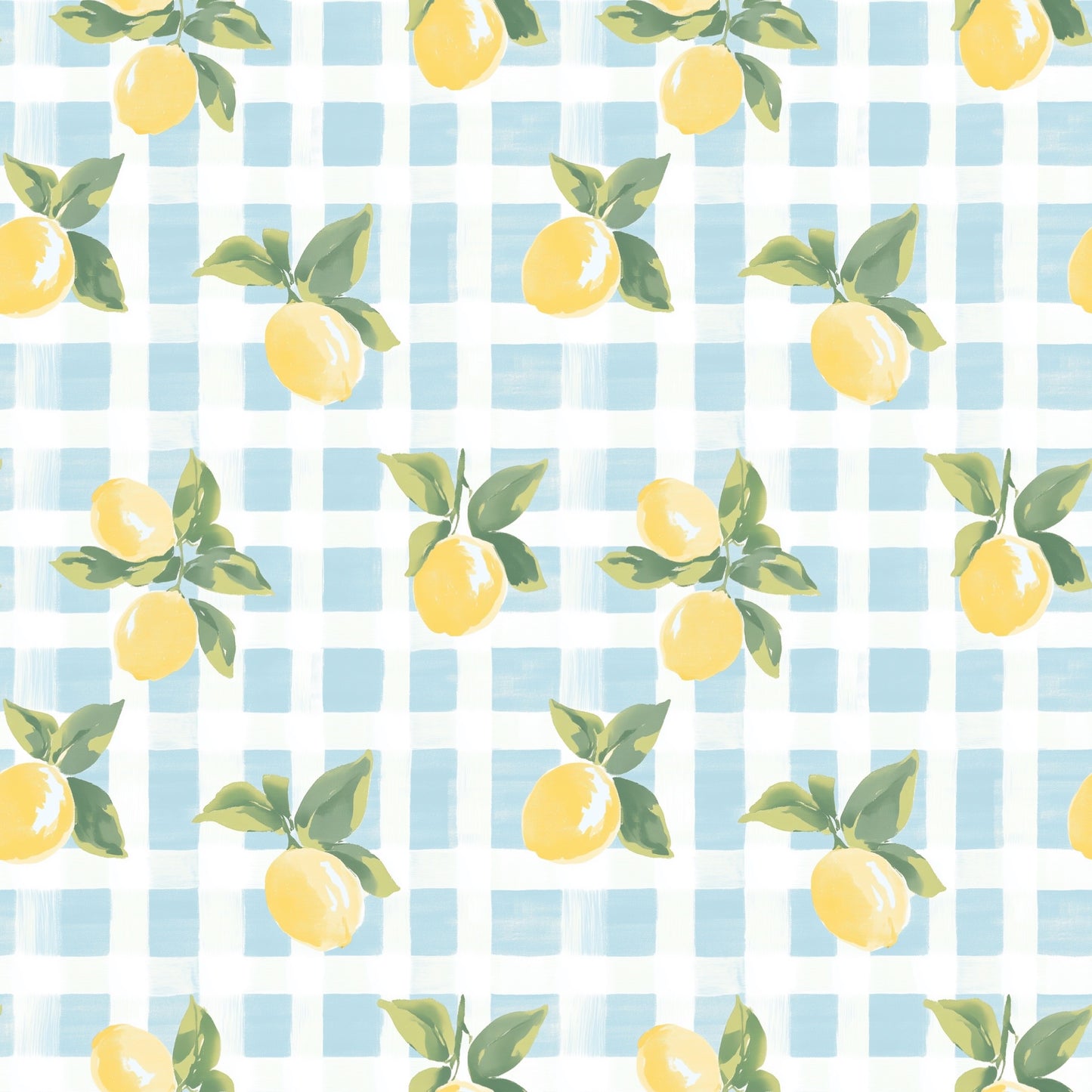 Blue Gingham Lemons Digital Seamless Pattern
