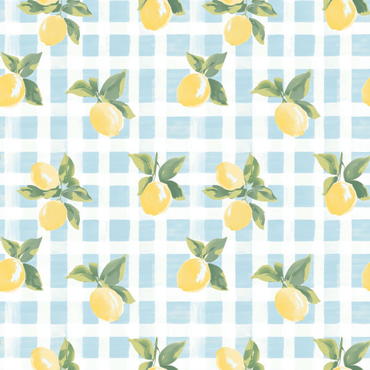 Blue Gingham Lemons Digital Seamless Pattern