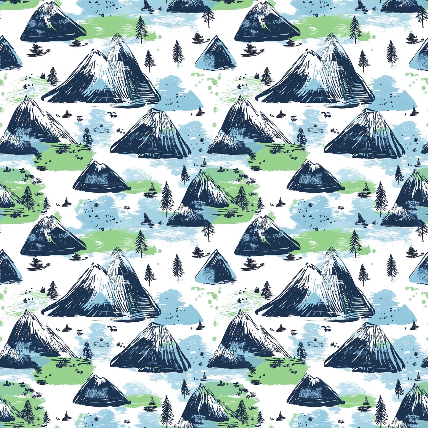 Blue Green Mountains Digital Seamless Pattern