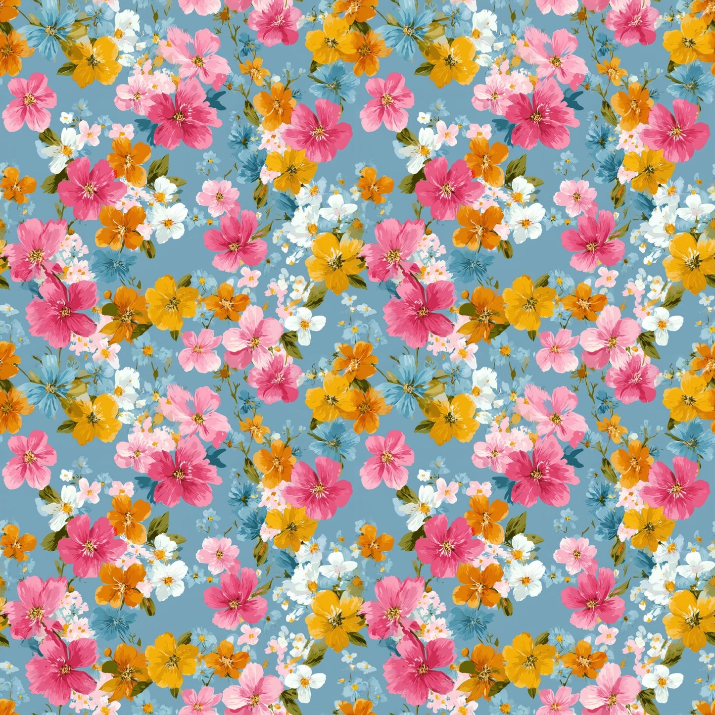 Blue Pink Mustard Floral Digital Seamless Pattern