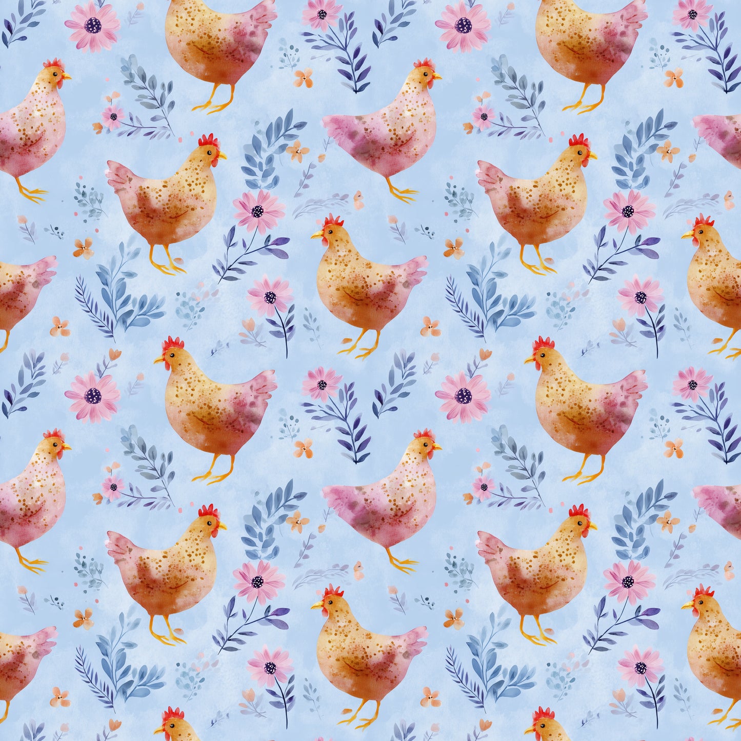 Blue Pastel Floral Hens Digital Seamless Pattern
