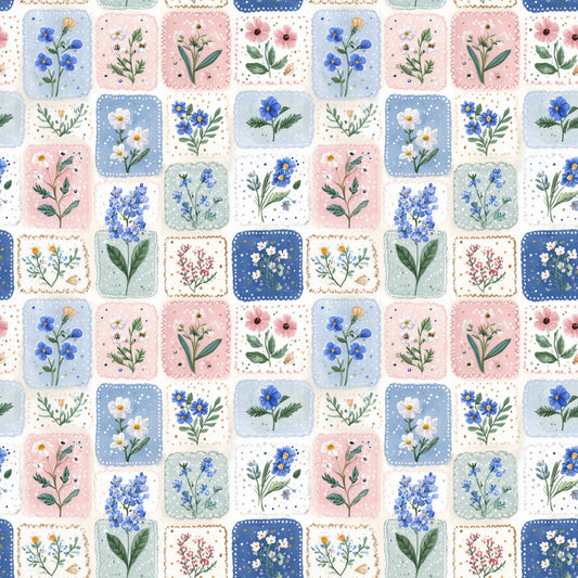 Blue Pink Floral Patchwork Digital Seamless Pattern