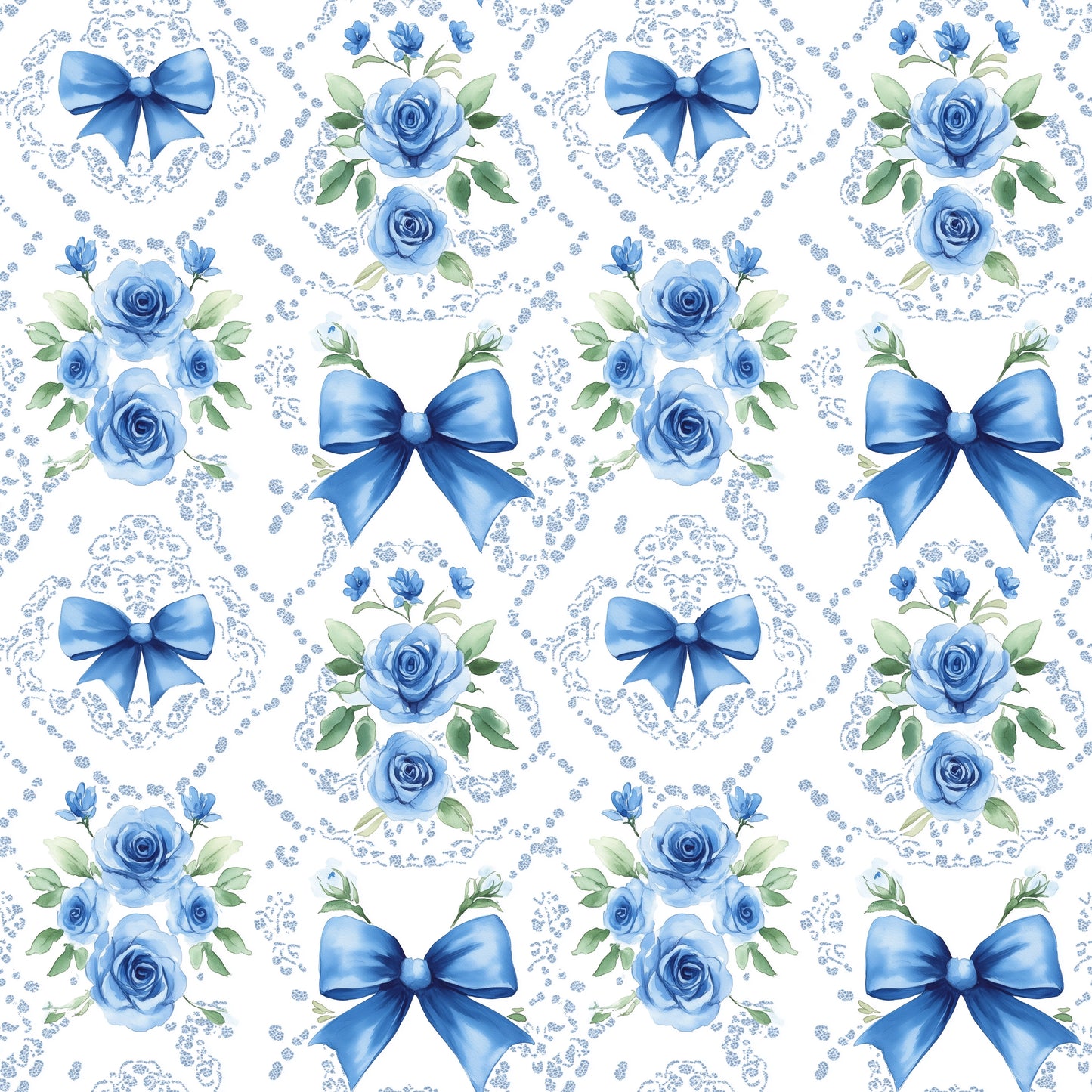 Blue Roses & Bows Digital Seamless Pattern