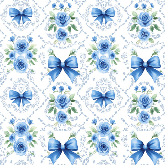 Blue Roses & Bows Digital Seamless Pattern