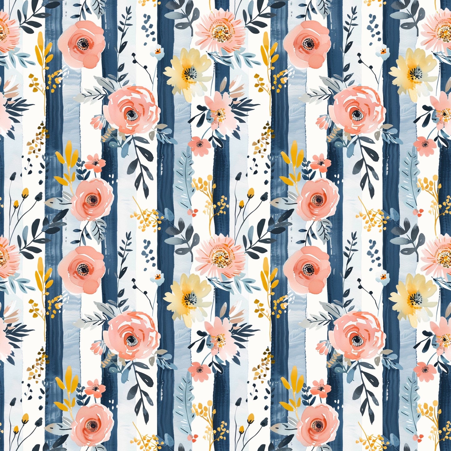 Blue Stripe Floral Digital Seamless Pattern