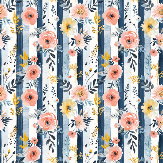 Blue Stripe Floral Digital Seamless Pattern