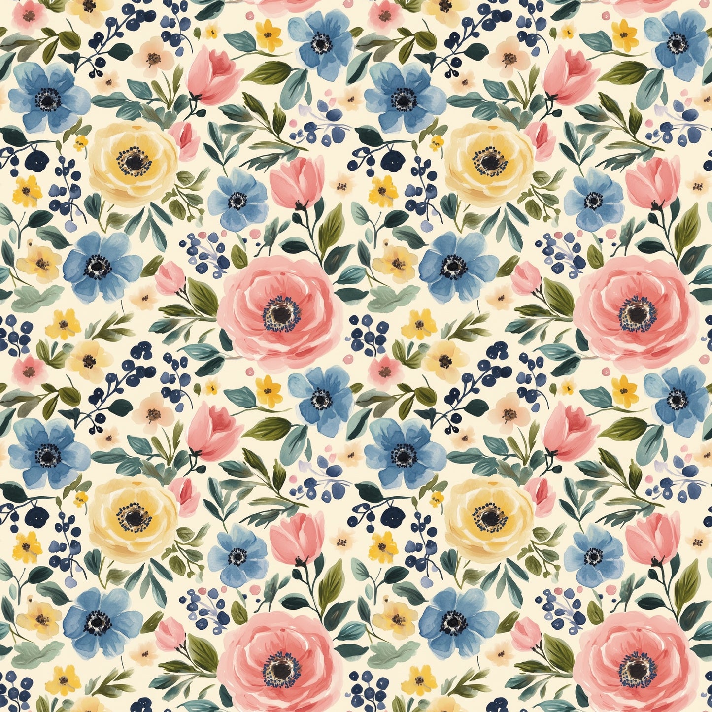 Blue Yellow & Pink Floral Digital Seamless Pattern