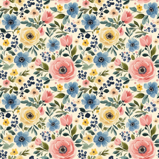 Blue Yellow & Pink Floral Digital Seamless Pattern