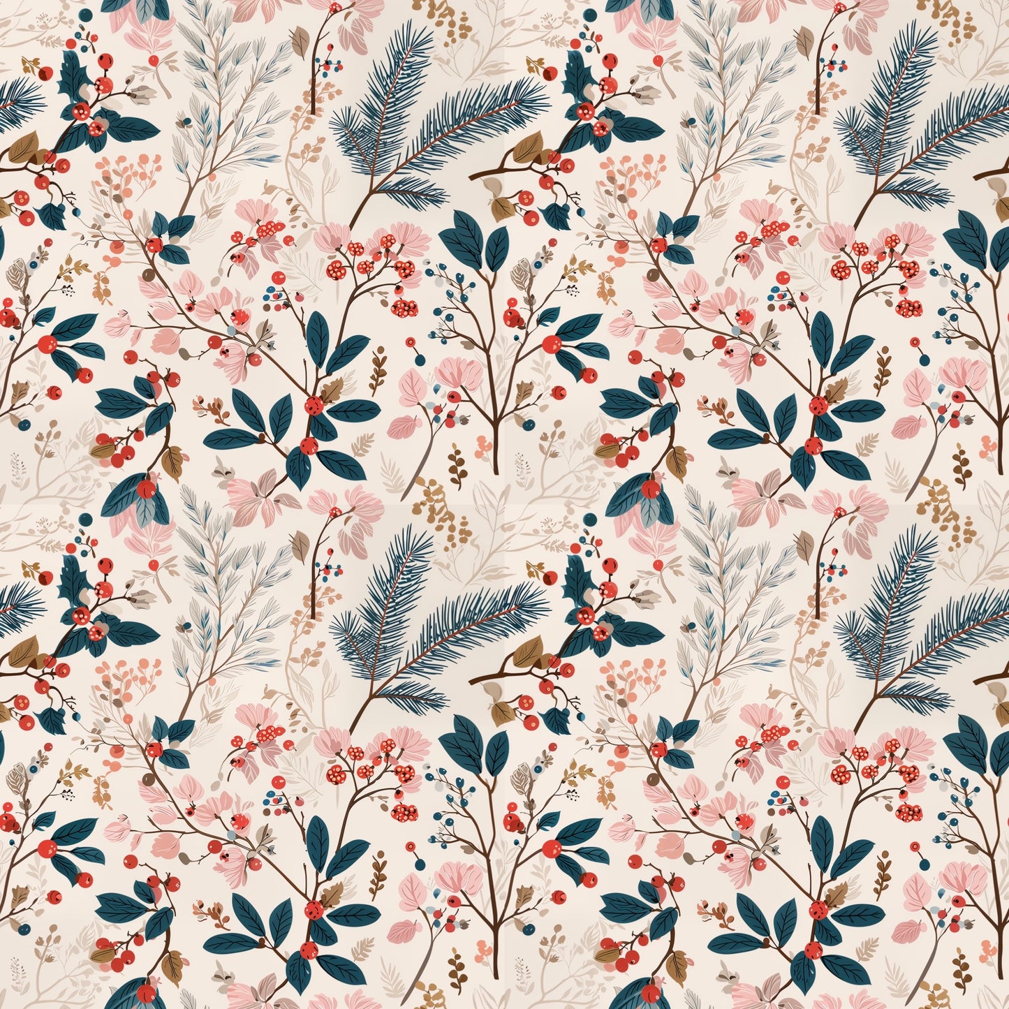 Boho Christmas Floral Digital Seamless Pattern