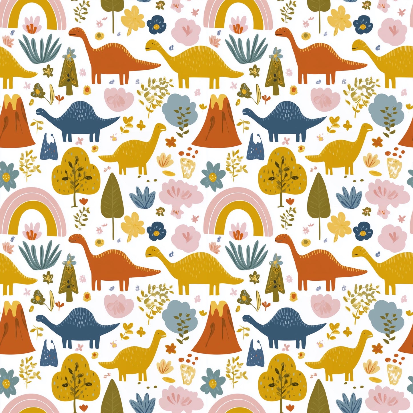 Bright Dinos & Volcanos Digital Seamless Pattern