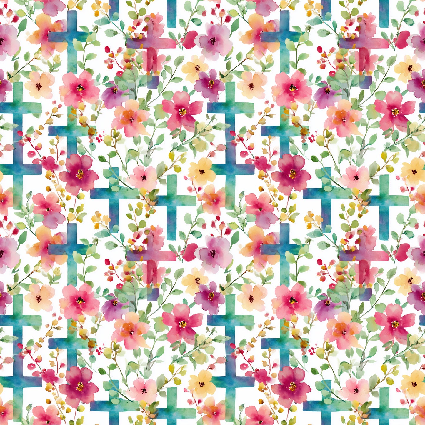 Bright Watercolour Floral Crosses Digital Seamless Pattern