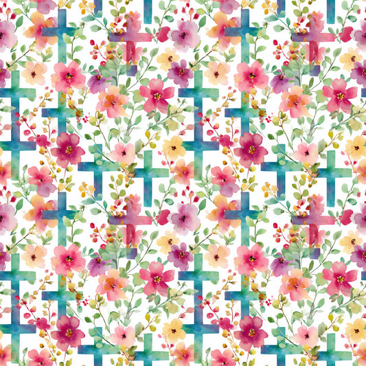 Bright Watercolour Floral Crosses Digital Seamless Pattern