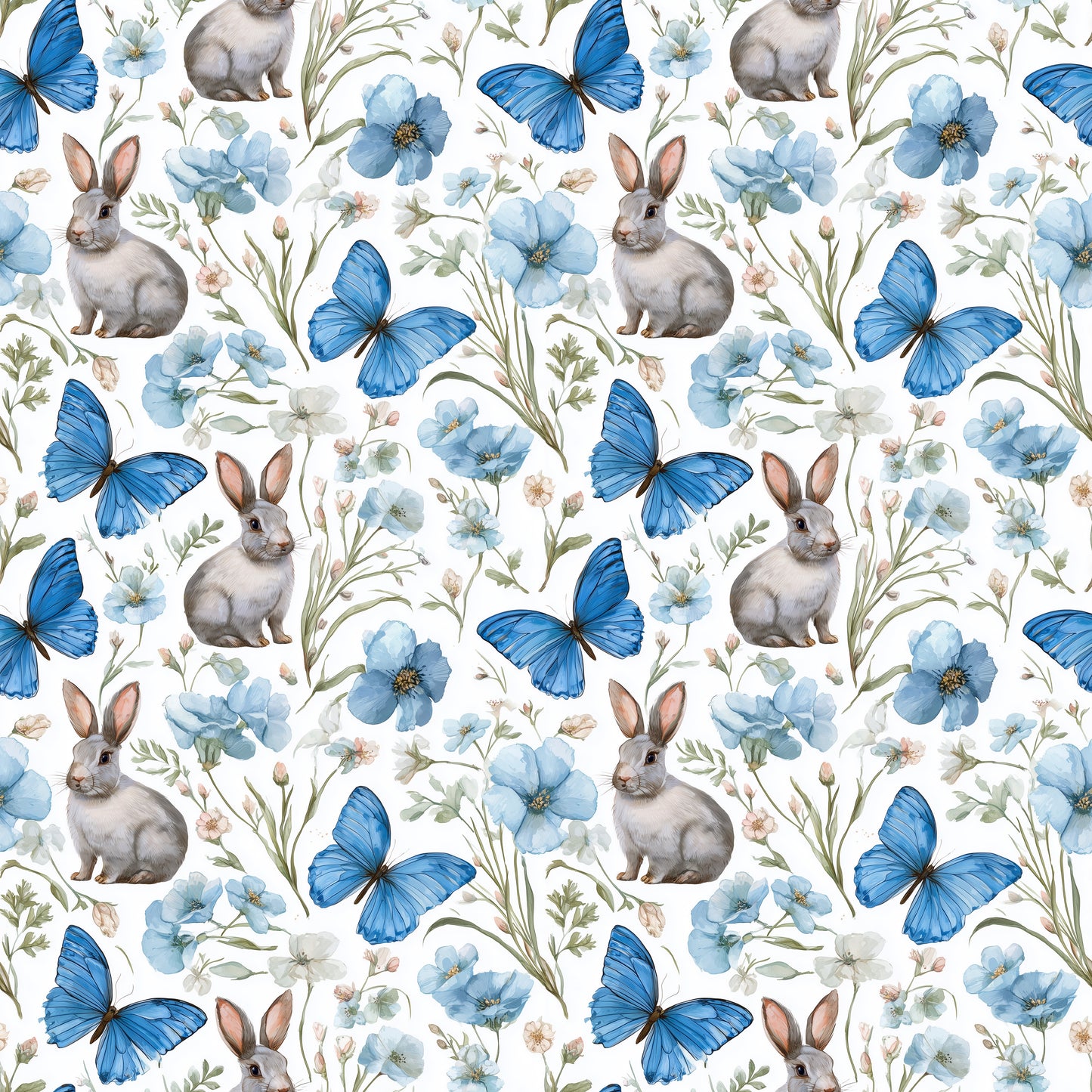 Bunnies & Blue Butterflies Lilac Digital Seamless Pattern