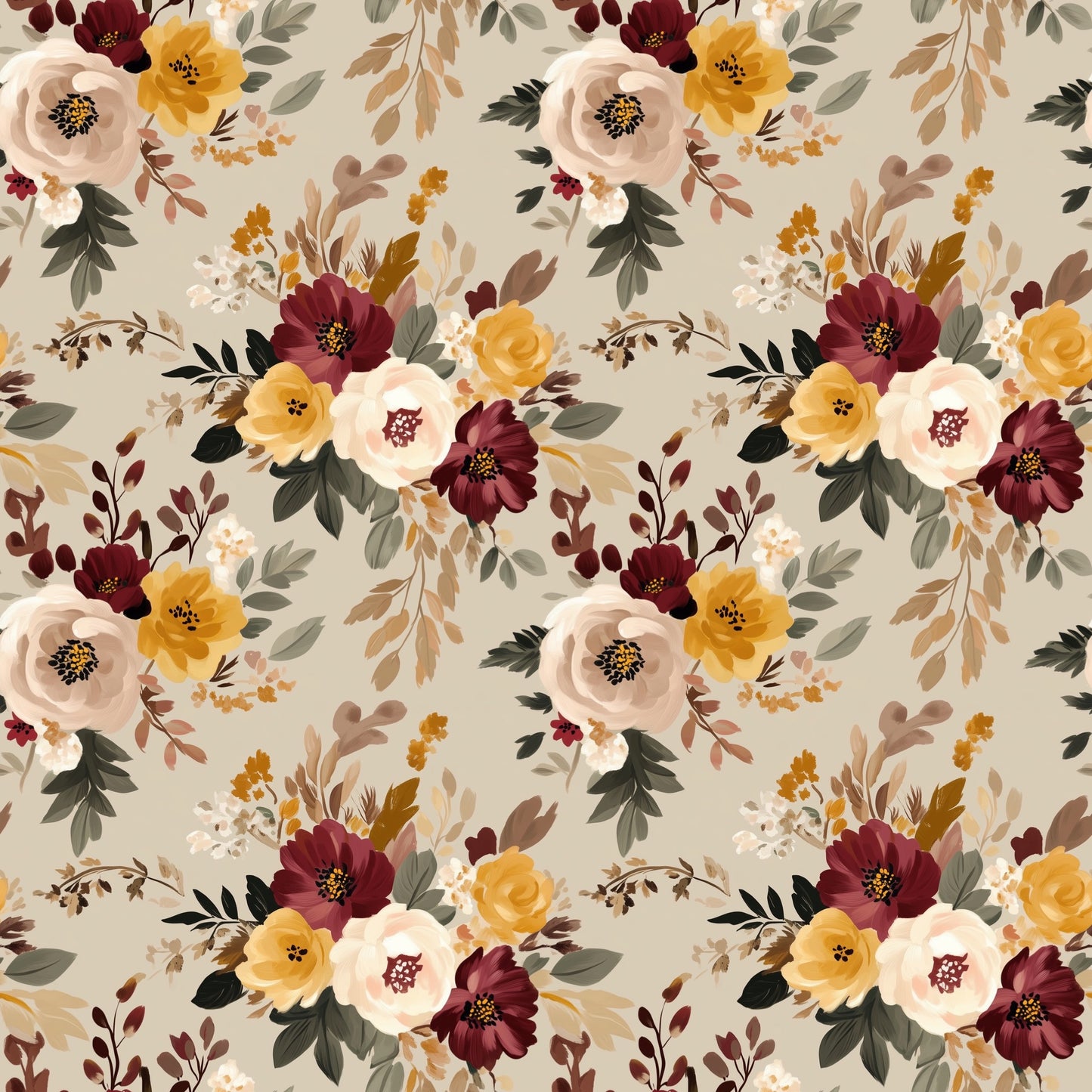 Burgundy Beige Floral Digital Seamless Pattern